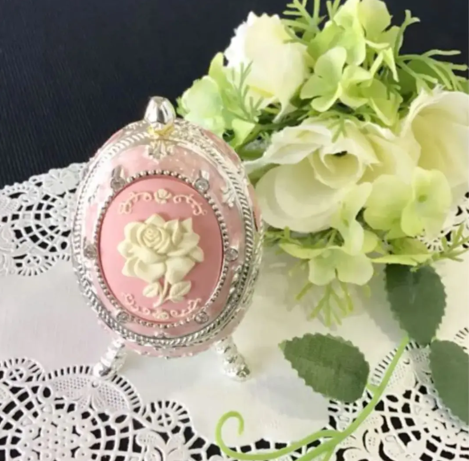 《日本製 》エッグ型宝石箱 オルゴール「カメオ ローズ ピンク」